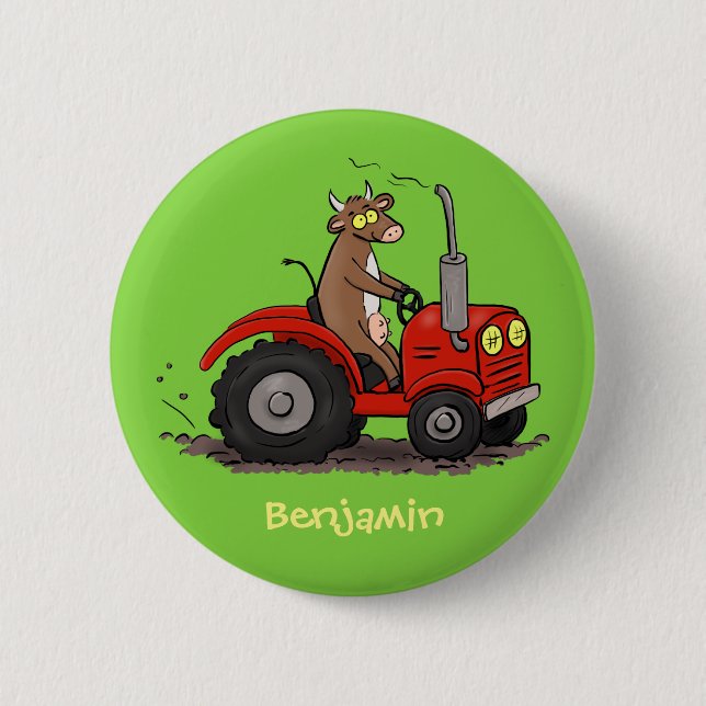 Cute happy cow driving a red tractor cartoon 6 cm round badge (Front)