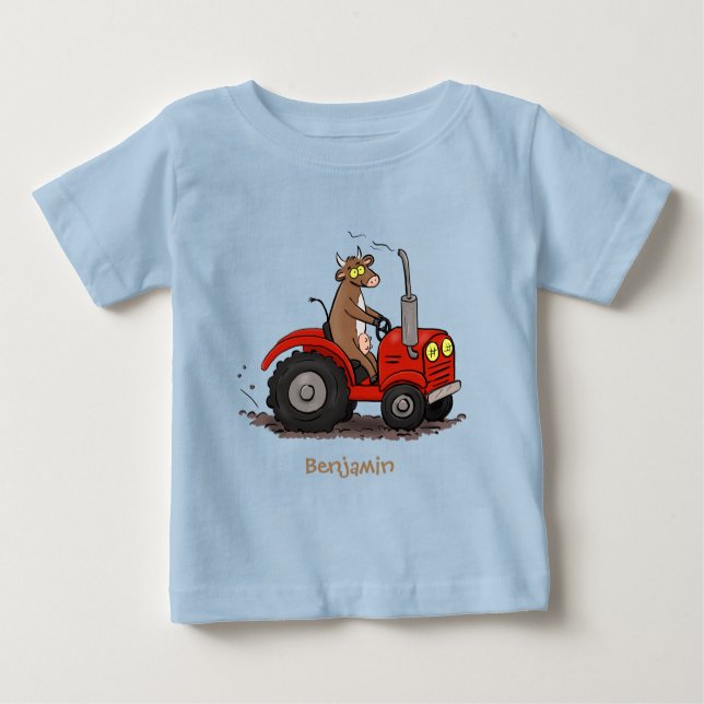 Cute happy cow driving a red tractor cartoon baby T-Shirt (Front)