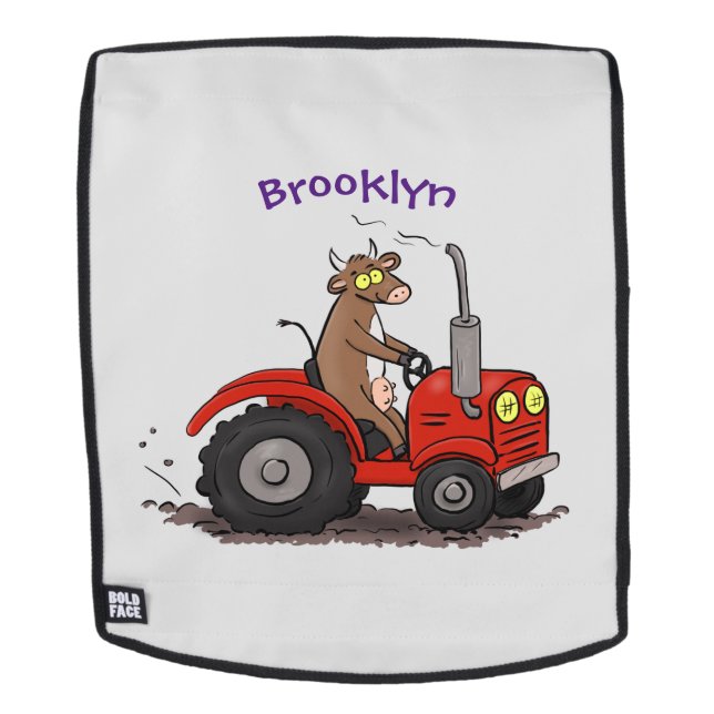 Cute happy cow driving a red tractor cartoon backpack (Removable Face)