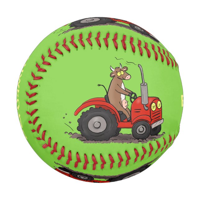Cute happy cow driving a red tractor cartoon baseball (Front Left)