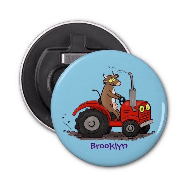 Cute happy cow driving a red tractor cartoon bottle opener (Front)