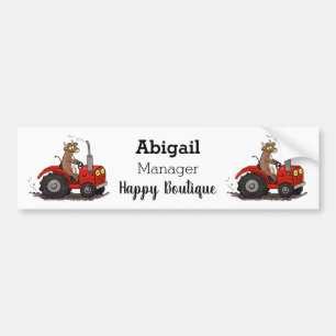 Cute happy cow driving a red tractor cartoon bumper sticker