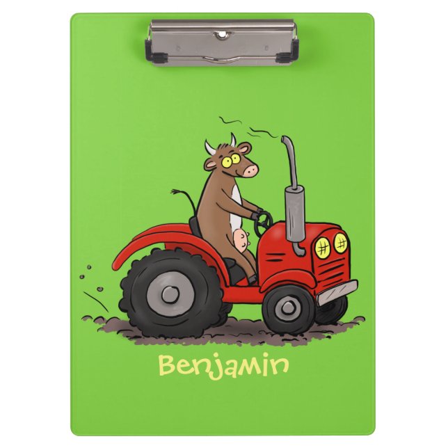 Cute happy cow driving a red tractor cartoon clipboard (Front)