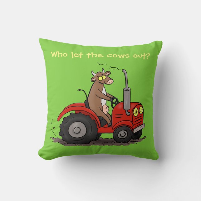 Cute happy cow driving a red tractor cartoon cushion (Front)