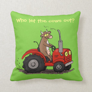 Cute happy cow driving a red tractor cartoon cushion