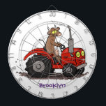 Cute happy cow driving a red tractor cartoon dartboard<br><div class="desc">This funny brown cow is driving a red tractor. Lots of fun for the farmer or cow lover!</div>