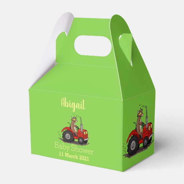 Cute happy cow driving a red tractor cartoon favour box (Front Side)