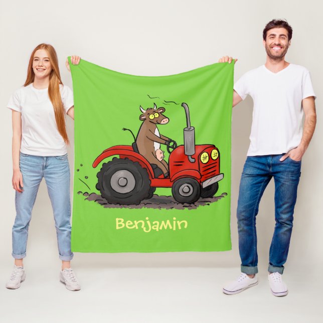 Cute happy cow driving a red tractor cartoon fleece blanket (In Situ)