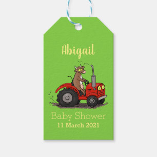 Cute happy cow driving a red tractor cartoon gift tags