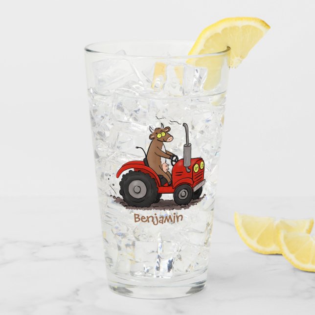 Cute happy cow driving a red tractor cartoon glass (Back Ice)