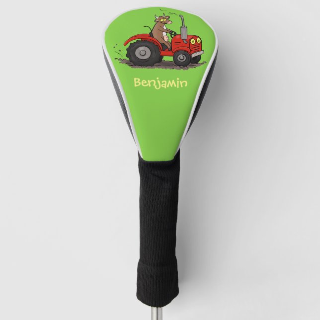 Cute happy cow driving a red tractor cartoon golf head cover (Front)