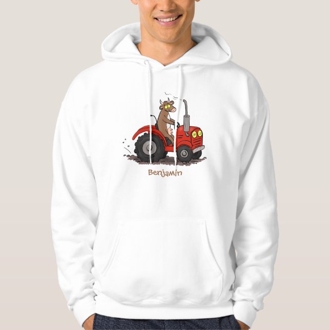 Cute happy cow driving a red tractor cartoon hoodie (Front)