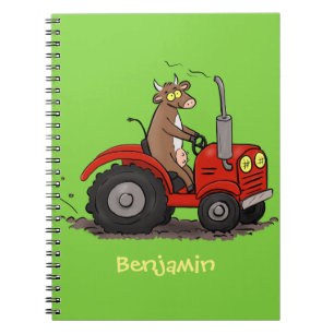 Cute happy cow driving a red tractor cartoon notebook