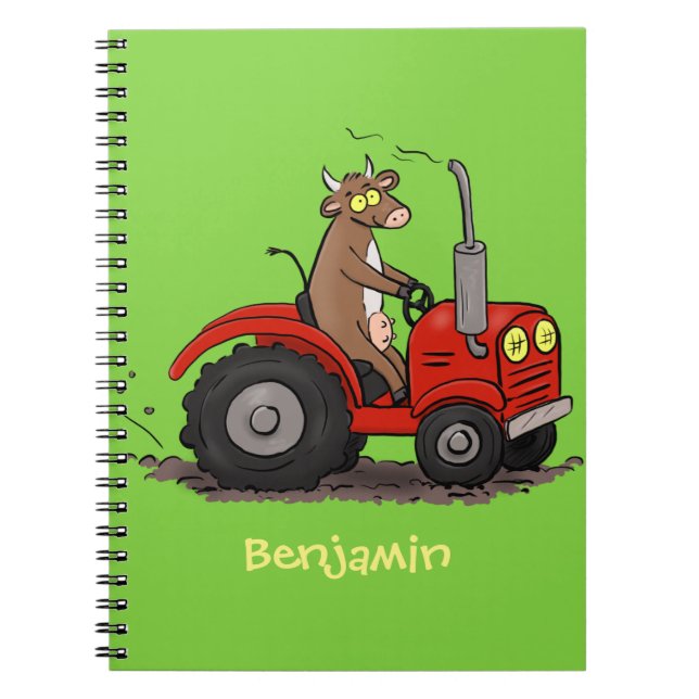 Cute happy cow driving a red tractor cartoon notebook (Front)