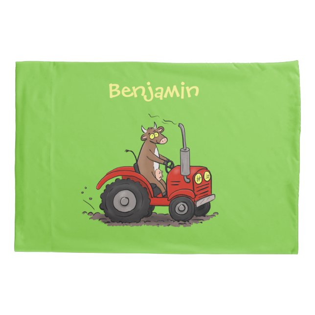 Cute happy cow driving a red tractor cartoon pillowcase (Back)