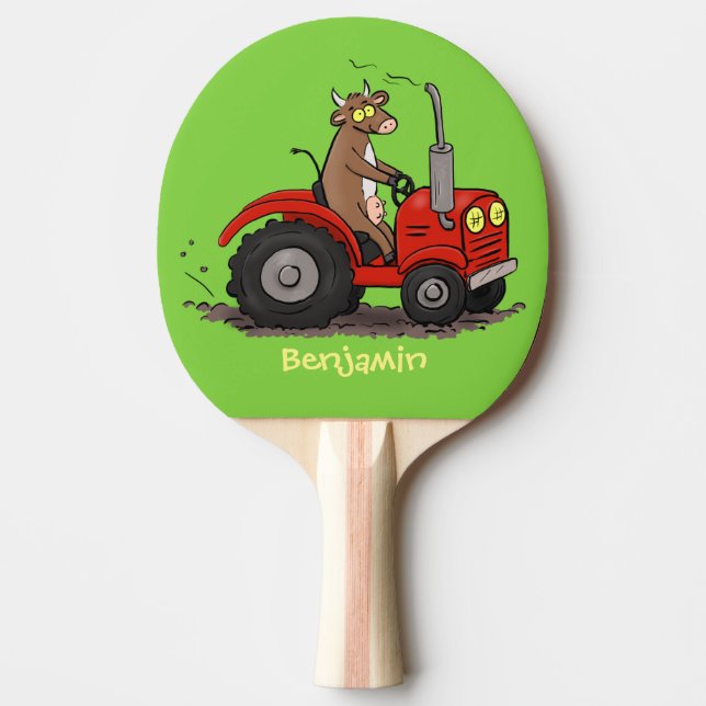 Cute happy cow driving a red tractor cartoon ping pong paddle (Front)