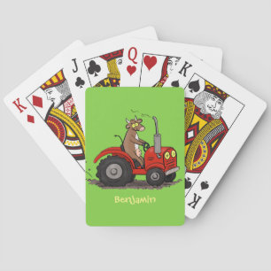 Cute happy cow driving a red tractor cartoon playing cards