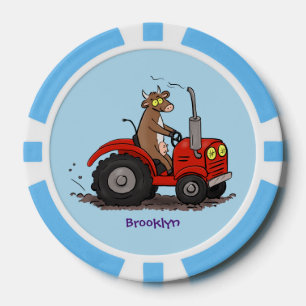 Cute happy cow driving a red tractor cartoon poker chips