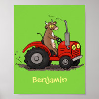 Cute happy cow driving a red tractor cartoon