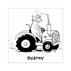 Cute happy cow driving a red tractor cartoon rubber stamp