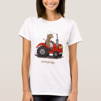 Cute happy cow driving a red tractor cartoon