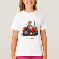 Cute happy cow driving a red tractor cartoon
