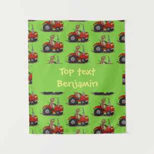 Cute happy cow driving a red tractor cartoon  tapestry