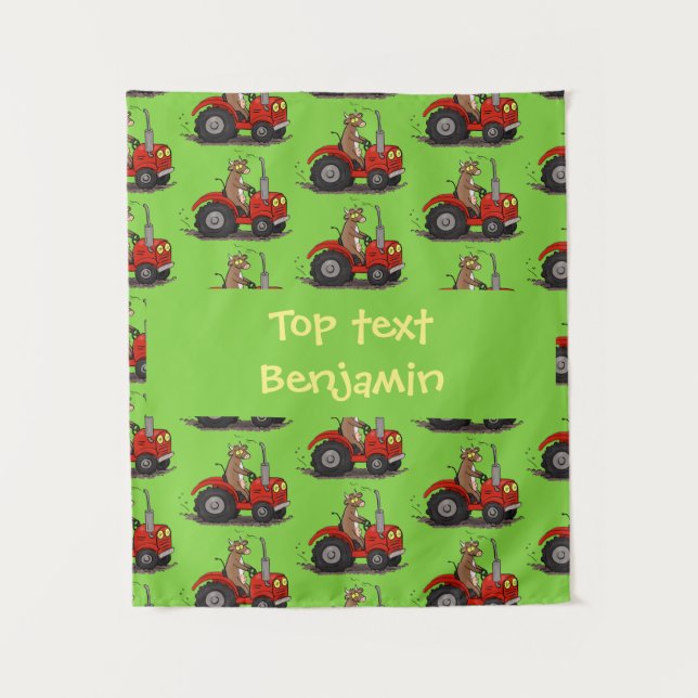 Cute happy cow driving a red tractor cartoon  tapestry (Front)