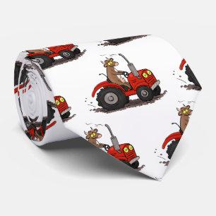 Cute happy cow driving a red tractor cartoon tie