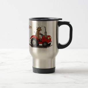 Cute happy cow driving a red tractor cartoon travel mug