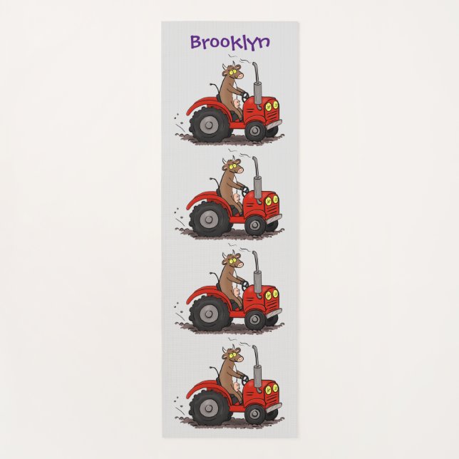 Cute happy cow driving a red tractor cartoon yoga mat (Front)