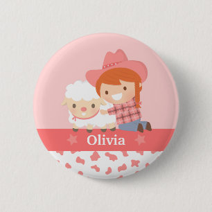Cute Happy Cowgirl with Lamb For Girls 6 Cm Round Badge