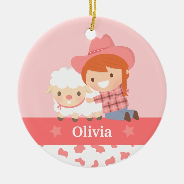 Cute Happy Cowgirl with Lamb Girls Personalised Ceramic Ornament (Front)