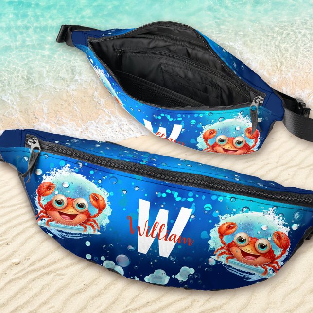 Cute Happy Crab Ocean Blue Summer Vacation Name Bum Bags (Cute Happy Crab Ocean Blue Summer Vacation Name Fanny Pack)