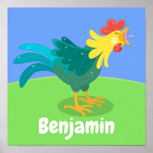 Cute happy crowing rooster cartoon illustration poster