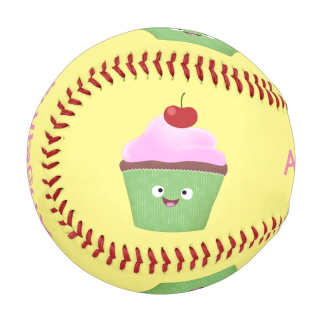 Cute happy cupcake cartoon illustration baseball (Front Left)