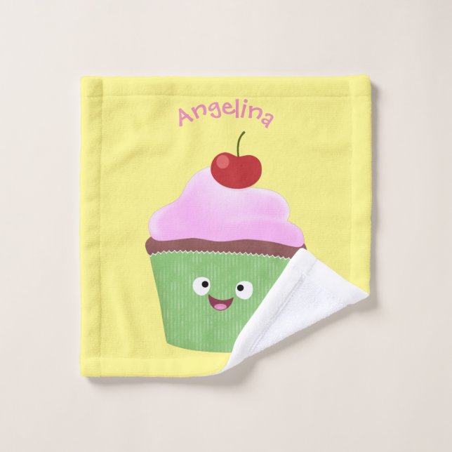 Cute happy cupcake cartoon illustration bath towel set (Wash Cloth)