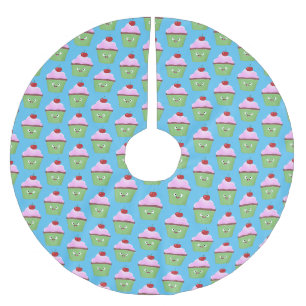 Cute happy cupcake cartoon illustration brushed polyester tree skirt