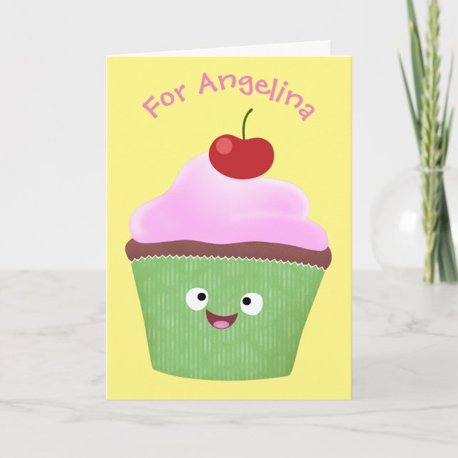 Cute happy cupcake cartoon illustration card (Front)