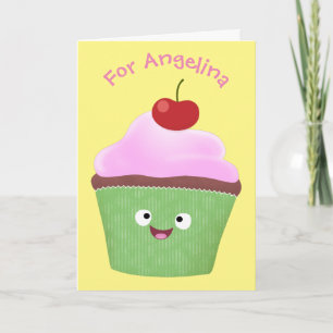 Cute happy cupcake cartoon illustration card