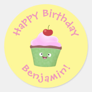 Cute happy cupcake cartoon illustration classic round sticker