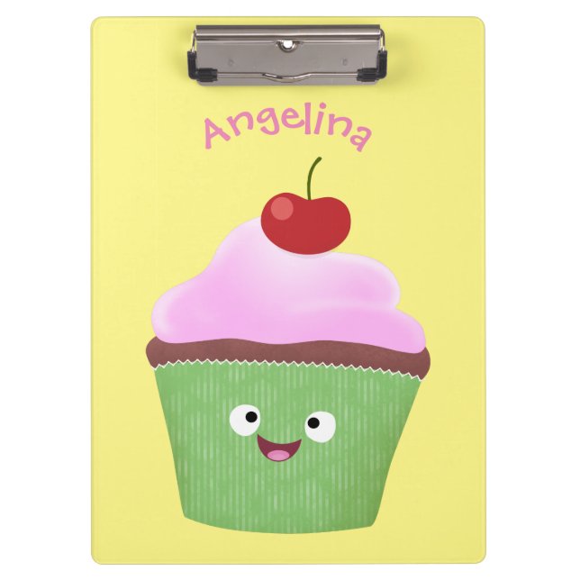 Cute happy cupcake cartoon illustration clipboard (Front)