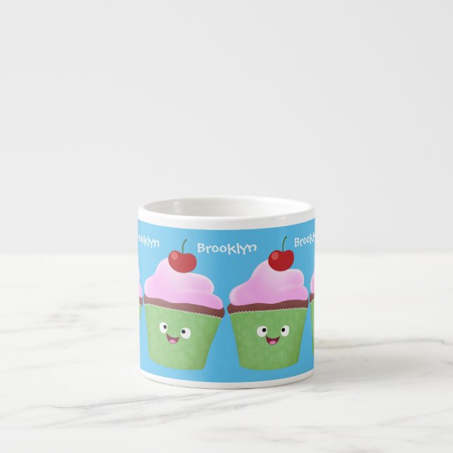 Cute happy cupcake cartoon illustration espresso cup (Front)
