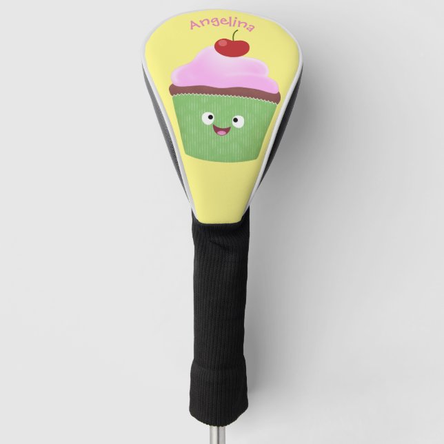 Cute happy cupcake cartoon illustration golf head cover (Front)