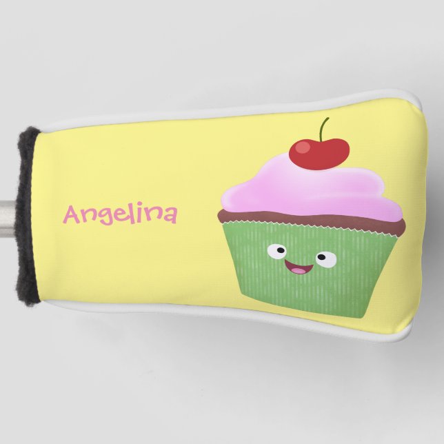 Cute happy cupcake cartoon illustration golf head cover (Front)