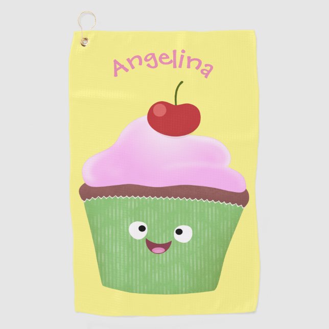 Cute happy cupcake cartoon illustration golf towel (Front)