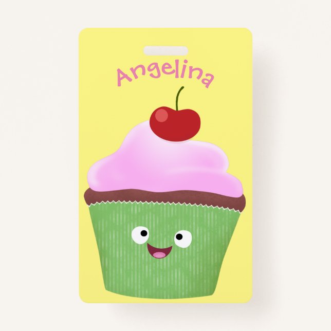 Cute happy cupcake cartoon illustration ID badge (Front)