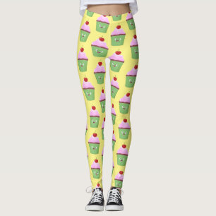 Cute happy cupcake cartoon illustration leggings