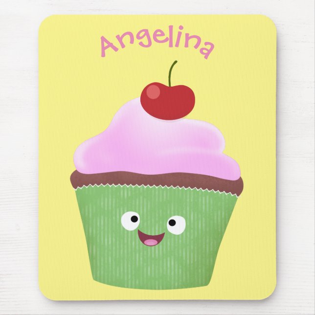 Cute happy cupcake cartoon illustration mouse pad (Front)