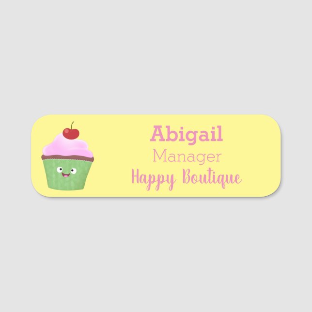 Cute happy cupcake cartoon illustration  name tag (Front)